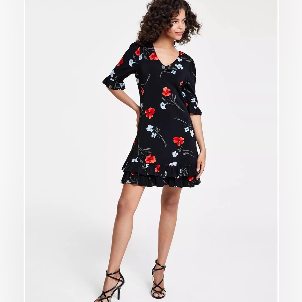CeCe V-Neck Ruffle-Hem Knit Shift Dress
